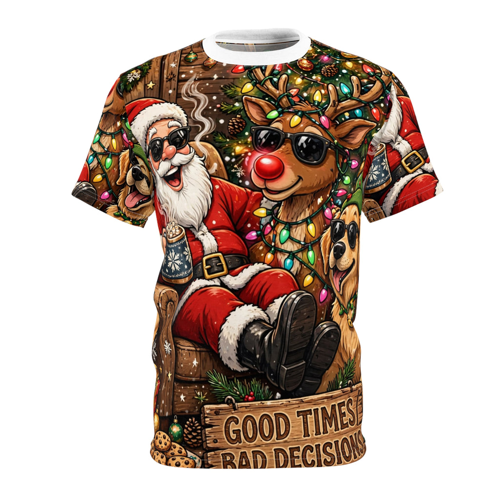 Good Times, Bad Decisions — Party Santa All-Over Christmas Tee