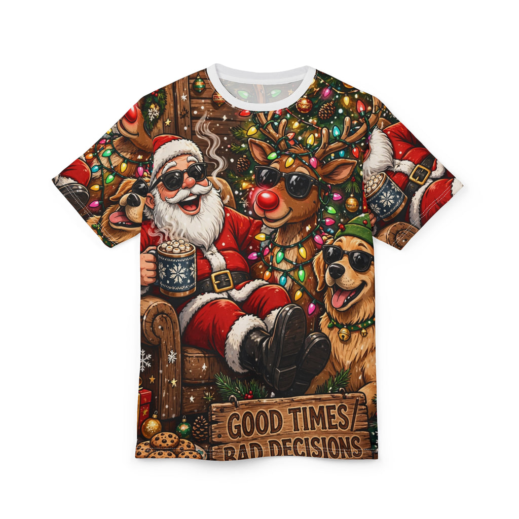 Good Times, Bad Decisions — Party Santa All-Over Christmas Tee
