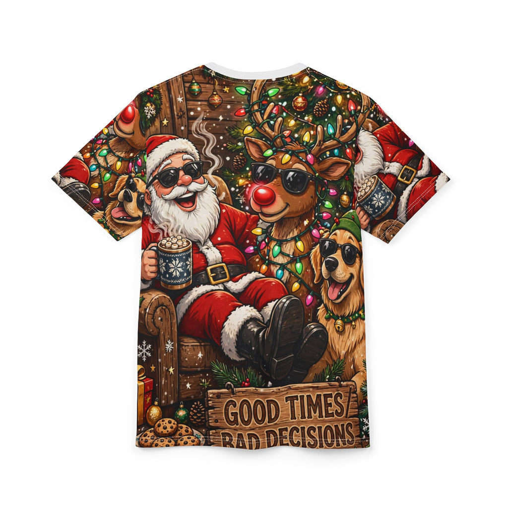 Good Times, Bad Decisions — Party Santa All-Over Christmas Tee