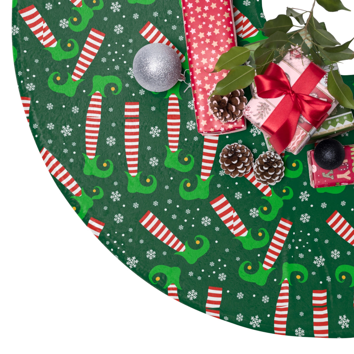 Christmas Tree Skirt – Festive Elf Legs and Candy Canes Holiday Tree Decor | DeMichele Homewares