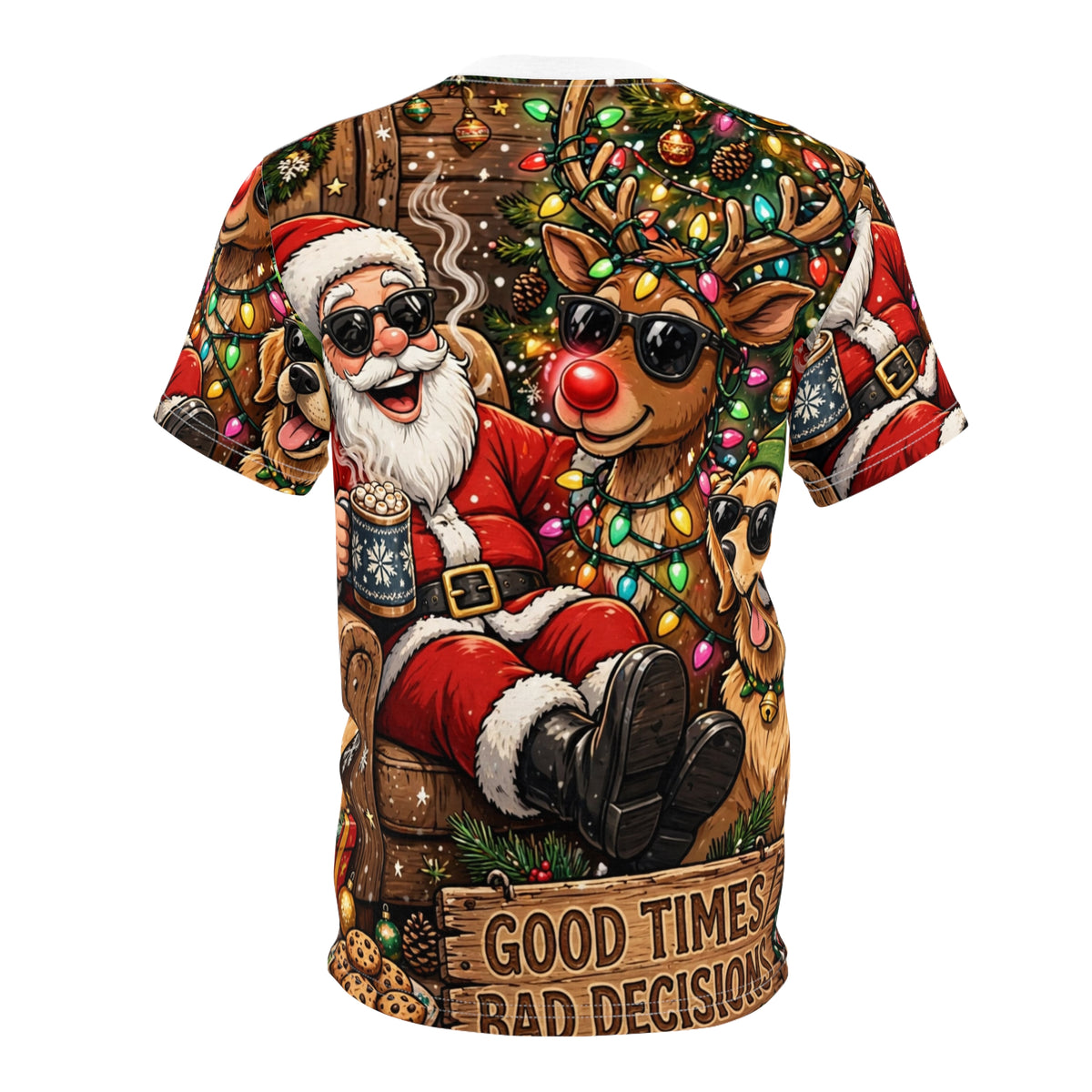 Good Times, Bad Decisions — Party Santa All-Over Christmas Tee