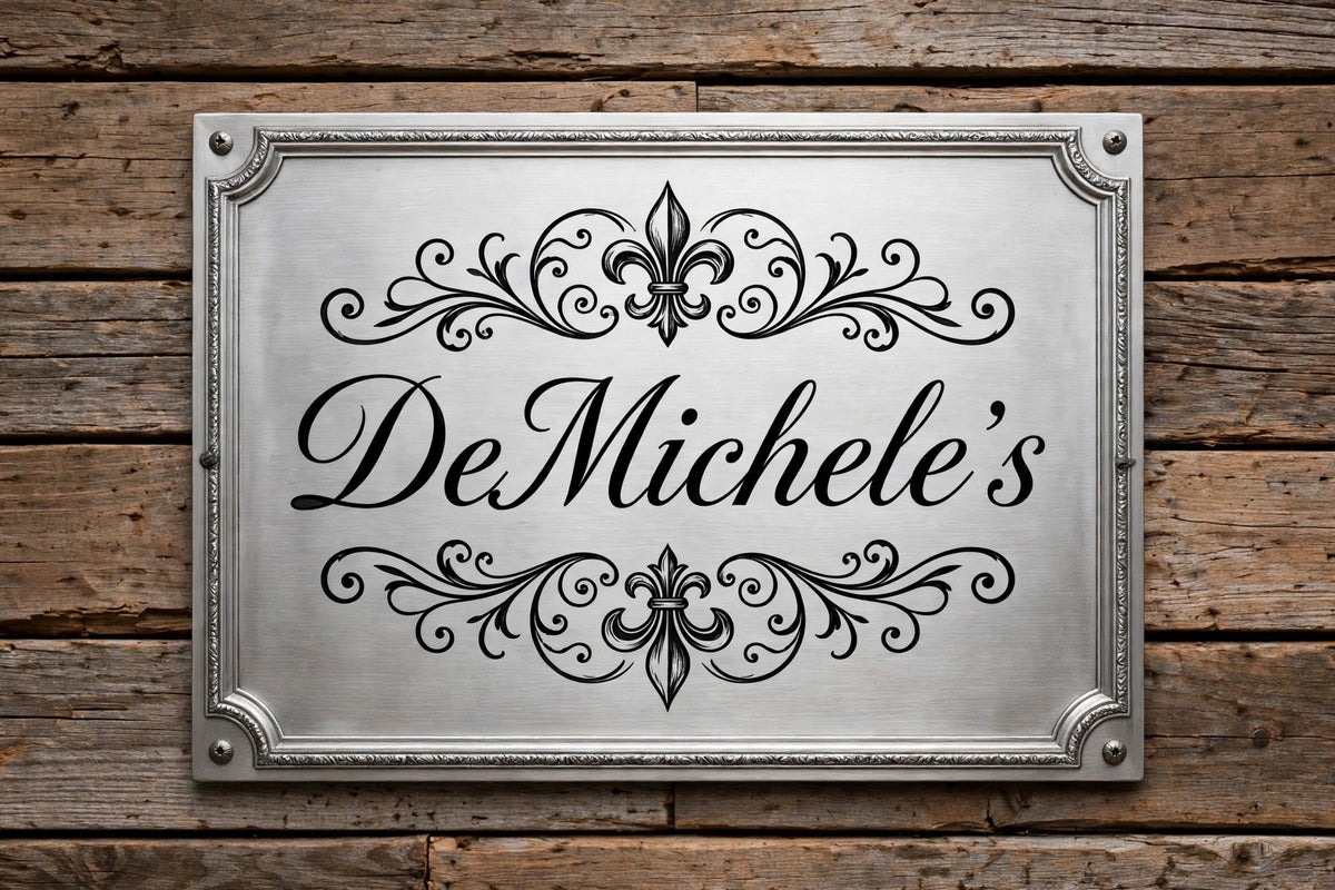 DeMichele family name metal plaque sign on rustic wood