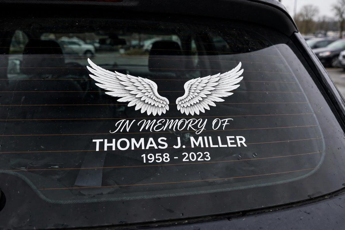 In Memory Of personalized memorial car window decal with angel wings